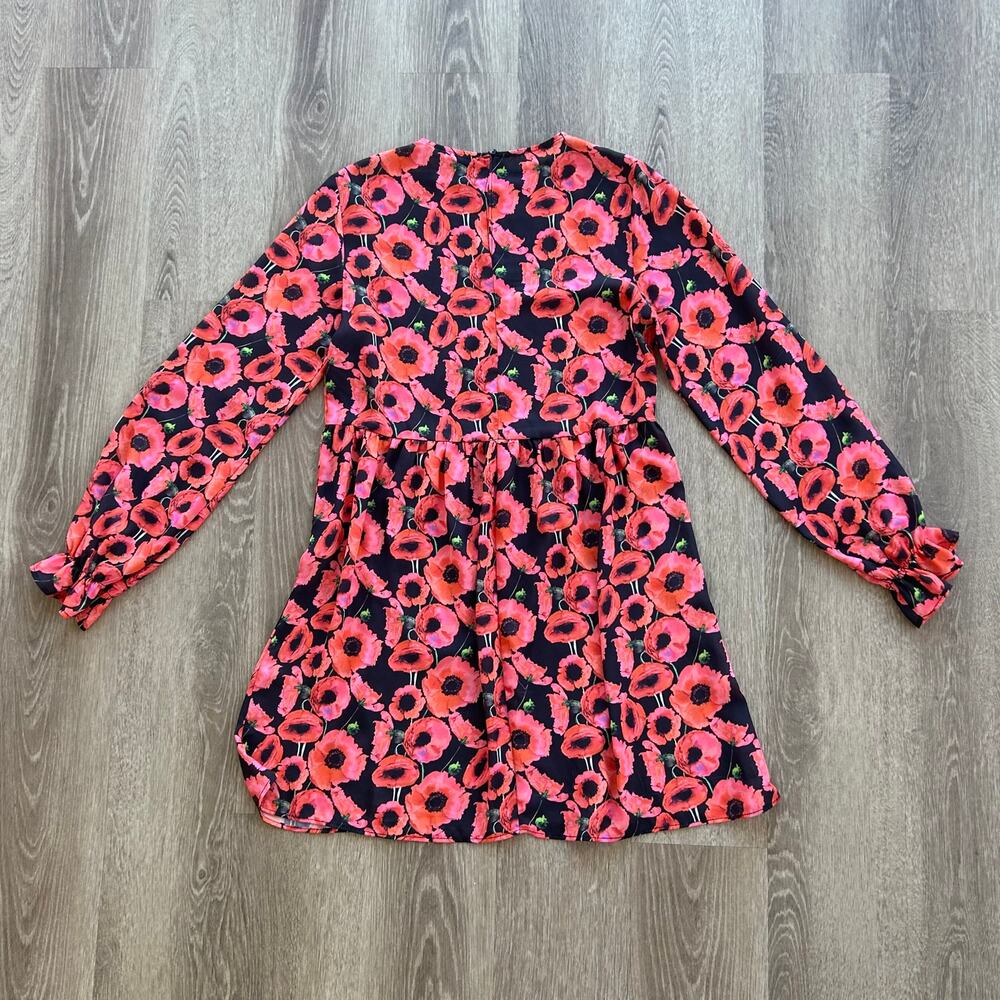 EUC Boohoo Hot Pink and Red Poppy Floral Long Sleeve Ruffle Cuff Dress Mini US 6 - Picture 10 of 16